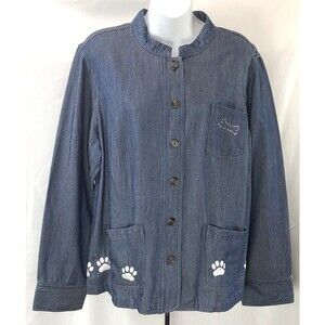 Croft Barrow Lt Jacket XL Chambray Denim Pockets Embroidery Dog Mom Puppy Paws